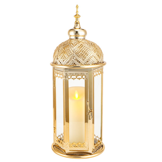 Moroccan Candle Lantern 37cm High Gold Candle Holder with Tempered Glass (40pcs)
