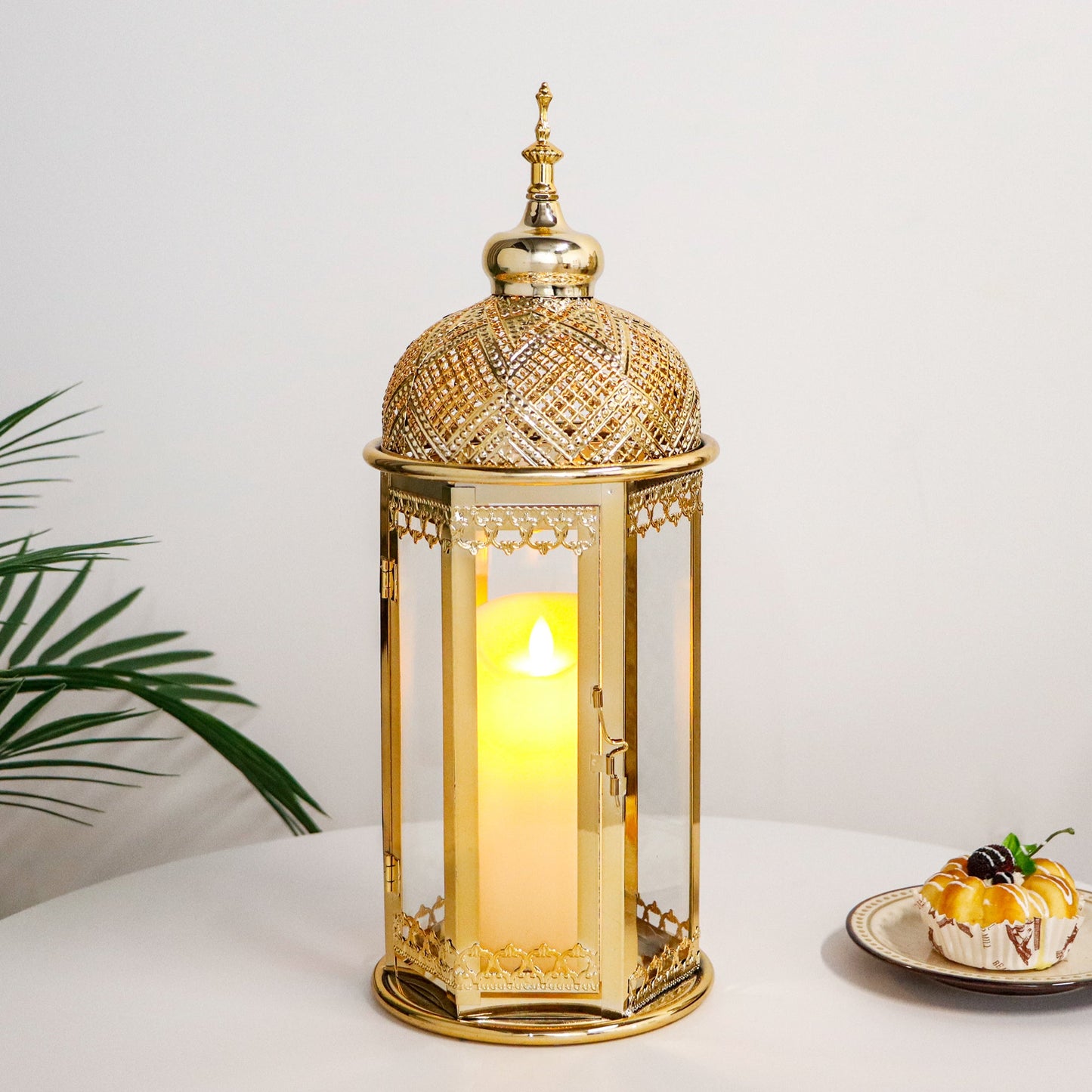 Moroccan Candle Lantern 37cm High Gold Candle Holder with Tempered Glass (40pcs)